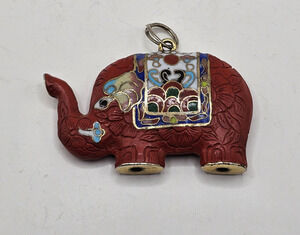 Vintage Cloisonné Look Red Elephant Pendant Floral